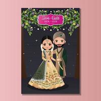 Cute couple in traditional indian dress cartoon character.Romantic wedding invitation card vector