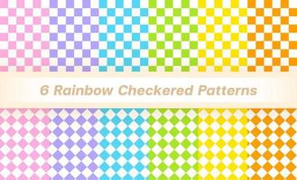 Set of 6 Solid Rainbow Checkered Patterns Blue Purple Pink Orange Yellow Green Tartan Plaid Checkered Gingham Pattern Background Vector Illustration Tablecloth, Picnic mat wrap paper