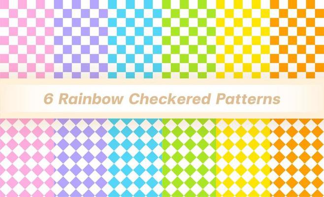 Set of 6 Solid Rainbow Checkered Patterns Blue Purple Pink Orange Yellow Green Tartan Plaid Checkered Gingham Pattern Background Vector Illustration Tablecloth, Picnic mat wrap paper