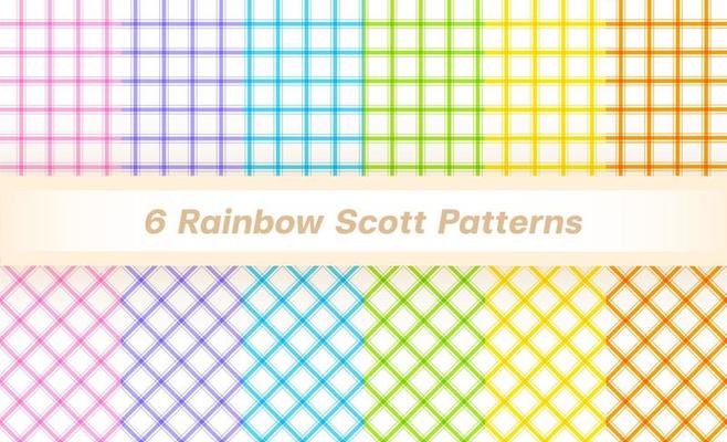 Set of 6 Pastel Rainbow Scott Plaid Tartan Gingham Line Striped Strip Checkered Patterns Background Vector Illustration Tablecloth, Picnic mat wrap paper