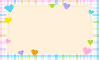 Cute Ornament Element Rainbow Pastel Heart Love Caring Plaid Gingham Pattern Paper Background Frame Border. Blank Space note Vector Illustration. Editable Stroke.