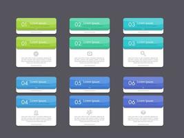 infografía vectorial 6 opciones con concepto mínimo, diseño plano. encabezado del tema principal y explicación de la descripción del encabezado. elemento de interfaz de usuario vector