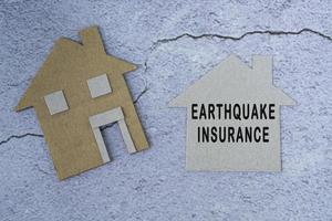 Earthquake insurance text on paper house model. Home insurance concept. photo