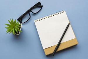 Notepad with notepad, potted plant, pend and glasses. Flat lay. Directly above photo