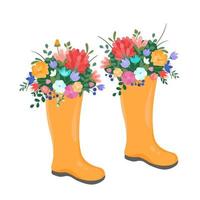 ilustración vectorial botas de agua de primavera con ramo floreciente flores de primavera, algodón. estilo plano de símbolo de primavera. vector