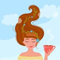 Vector illustration girl with cup of tea. Time for relax, break, rest