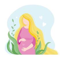 Pregnant happy woman with a baby in her belly, greenery around, cartoon character, pretty lady with love to her motherhood. Poster in hospital, maternity home, birthing center, Mother's Day card