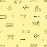 Cute Seamless Outline Pattern In Pixel Game Style. Colorful Gamer Template With Gamepads vector