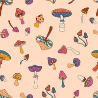 Colorful Seamless Pattern With Mushrooms In Retro Colors. Flat Vector llustration.
