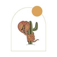 Snake And Cactus. The Concept Of The Desert. Hand Drawn Flat Vector Illustration.