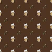 Seamless Pattern With Beer Mugs And Spikelets. Color Hand-Drawn Flat Vector Illustration.