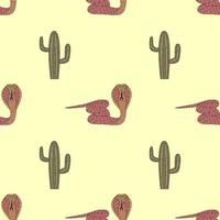 Seamless Pattern With Snakes And Cacti. Hand Drawn Flat Vector Illustration.