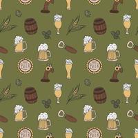 Seamless Pattern With Beer Mugs And spikelets. Color Hand Drawn Flat Vector Illustration.