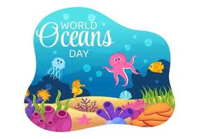 World Ocean Day Cartoon Illustration with Underwater Scenery, Various Fish Animals, Corals and Marine Plants Dedicated to Helping Protect or Preserve vector