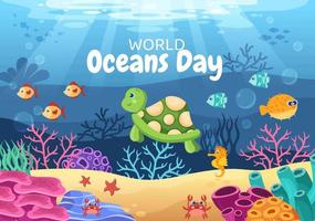 World Ocean Day Cartoon Illustration with Underwater Scenery, Various Fish Animals, Corals and Marine Plants Dedicated to Helping Protect or Preserve vector