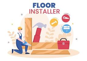 Floor Installation Cartoon Illustration with Repairman, Laying Professional Parquet, Wood or tile Floors in House Flooring Renovation Design vector