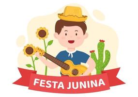 ilustración de dibujos animados de celebración de festa junina o sao joao que se hizo muy animada cantando, bailando samba y jugando juegos tradicionales provenientes de brasil vector