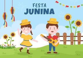 ilustración de dibujos animados de celebración de festa junina o sao joao que se hizo muy animada cantando, bailando samba y jugando juegos tradicionales provenientes de brasil vector