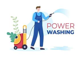 Power Washing Machine Cleaner with Various Cleaning Tools and Outside Cleanup Service in Flat Cartoon Background Illustration vector