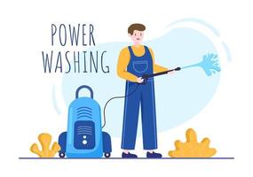 Power Washing Machine Cleaner with Various Cleaning Tools and Outside Cleanup Service in Flat Cartoon Background Illustration vector