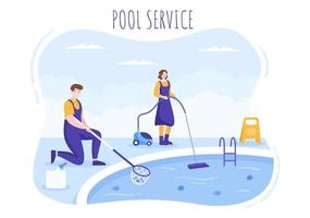 trabajador de servicio de piscina con escoba, aspiradora o red para mantenimiento y limpieza de suciedad en ilustración de caricatura plana vector