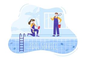 trabajador de servicio de piscina con escoba, aspiradora o red para mantenimiento y limpieza de suciedad en ilustración de caricatura plana