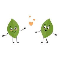 Leaf character with love emotions, smile face, arms and legs. Person with happy expression, green plant emoticon. Vector flat illustration