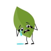 Leaf character with crying and tears emotion, sad face, depressive eyes, arms and legs. Person with melancholy expression, green plant emoticon. Vector flat illustration