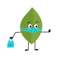 Leaf character with face in medical mask and keep distance, hands with shopping bag and stop gesture. Person with care expression, green plant emoticon. Vector flat illustration