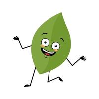 personaje de hoja con loca emoción feliz, cara alegre, ojos sonrientes, brazos y piernas bailando. persona con expresión graciosa, emoticono de planta verde. ilustración plana vectorial vector