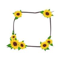 Yellow sunflower wreath with green leaves. Square frame, cute bright flowers with dark hearts. Festive decorations for wedding, holiday, postcard, poster and design. Vector flat illustration