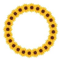 Yellow sunflower wreath. Round frame, cute bright flowers with dark hearts and leaves. Festive decorations for wedding, holiday, postcard, poster and design. Vector flat illustration