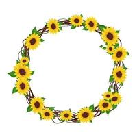 Yellow sunflower wreath with green leaves. Round frame, cute bright flowers with dark hearts. Festive decorations for wedding, holiday, postcard, poster and design. Vector flat illustration