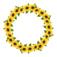 Yellow sunflower wreath with green leaves. Round frame, cute bright flowers with dark hearts. Festive decorations for wedding, holiday, postcard, poster and design. Vector flat illustration