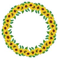 Yellow sunflower wreath with green leaves. Round frame, cute bright flowers with dark hearts. Festive decorations for wedding, holiday, postcard, poster and design. Vector flat illustration