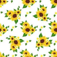 Seamless pattern with yellow sunflowers, white daisy and green leaves on background. Print with element of nature, chamomile, plant for decoration and design. Vector flat illustration