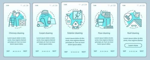 Additional cleaning services onboarding mobile app page screen, linear concepts. Five walkthrough steps graphic instructions. Roof, carpet, exterior cleanup. UX, UI, GUI vector template, illustrations