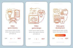 Video game industry onboarding mobile app page screen vector template. Computer game design, development. Walkthrough website steps with linear illustrations. UX, UI, GUI smartphone interface concept