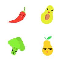 Vegetables and fruits cute kawaii flat design long shadow characters set. Avocado, broccoli with smiling faces. Persevere chili, serious pear. Funny emoji. Vector isolated silhouette illustration