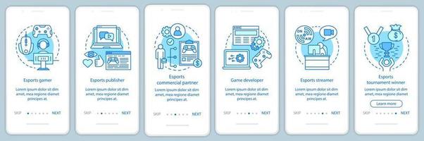 Esports onboarding mobile app page screen vector template. Cyber sport tournament. Gaming competition. Walkthrough website steps with linear illustrations. UX, UI, GUI smartphone interface concept