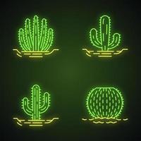 conjunto de iconos de luz de neón de cactus silvestres en el suelo. suculentas plantas espinosas. cactus barril, saguaro, gigante mexicano, cactus de tubo de órgano. signos brillantes. Ilustraciones de vectores aislados
