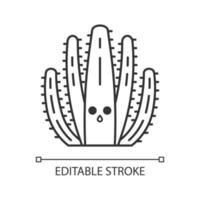 Organ pipe cactus cute kawaii linear character. Cactus with hushed face. Wild Pitahaya cacti. Unhappy surprised tropical plant. Thin line icon. Vector isolated outline illustration. Editable stroke