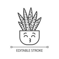 Zebra cactus cute kawaii linear character. Cactus with kissing face. Happy Haworthia. Home cacti in pot. Plant with smiling eyes. Thin line icon. Vector isolated outline illustration. Editable stroke