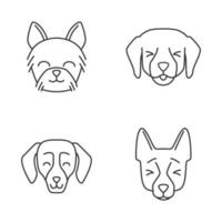 Dogs cute kawaii linear characters. Thin line icon set. Happy Yorkshire Terrier. Dachshund with smiling eyes. Animals with smiling muzzles. Vector isolated outline illustration. Editable stroke