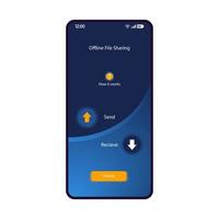 Offline file sharing manager smartphone interface vector template. Mobile app page dark blue design layout. File, media transfer, receiving screen. Flat UI for application. Data storage. Phone display