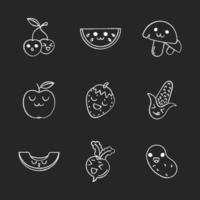 verduras y frutas lindo juego de personajes de tiza kawaii. champiñón, manzana, fresa, remolacha, patata, cereza con caras sonrientes. emoji divertido, emoticono, sonrisa. ilustración de pizarra aislada vectorial