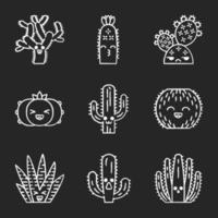 Cactuses chalk icons set. Plants with smiling faces. Laughing barrel, zebra and peyote cactuses. Succulent plants. Kissing hedgehog wild cacti. Isolated vector chalkboard illustrations