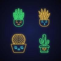 Cactuses cute kawaii neon light characters. Plants with smiling faces. Kissing zebra cactus. Funny emoji, emoticon set. Glowing icons with alphabet, numbers, symbols. Vector isolated illustration