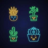 Cactuses cute kawaii neon light characters. Plants with sad faces. Hushed elephant cacti. Funny emoji, emoticon set. Glowing icons with alphabet, numbers, symbols. Vector isolated illustration