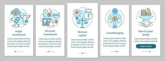 Pantalla de la página de la aplicación móvil de incorporación de inversión inicial con conceptos lineales. buscar inversionista para instrucciones gráficas de pasos de tutorial de negocios. ux, ui, plantilla de vector de interfaz gráfica de usuario con ilustraciones